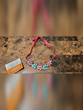 Gymboree Butterfly Pink and Turquoise Flower Bead Ribbon Necklace nwt